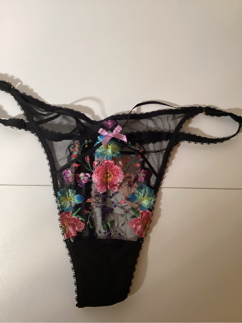 Victoria's Secret Black Sheer Floral Embroidered Thong